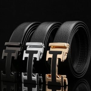 Automatic Buckle Men's Belt, Leather Lychee Pattern