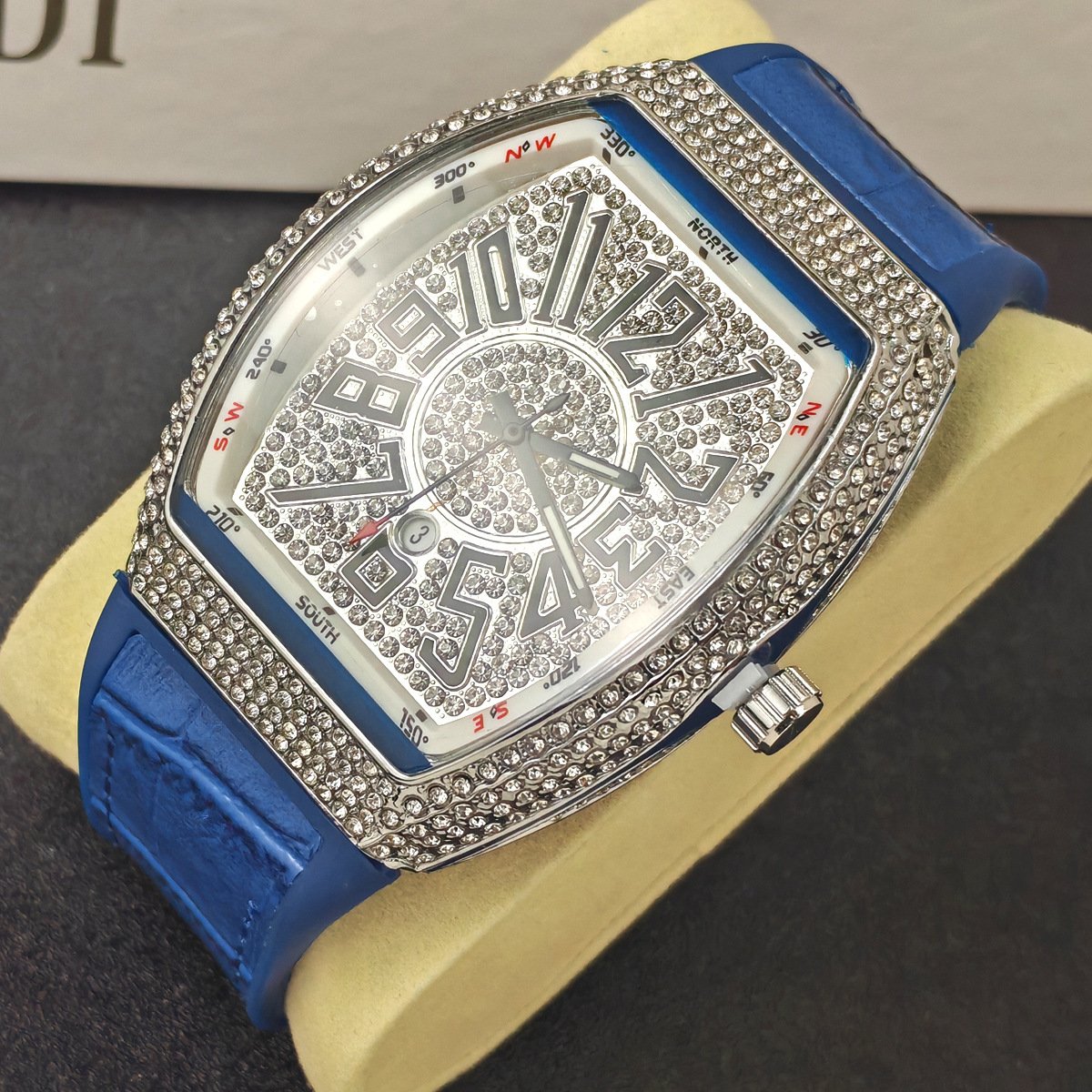 Barrel-shaped Minimalist Wristwatch Leather Strap Diamond Accents Quartz Watch - Image 6