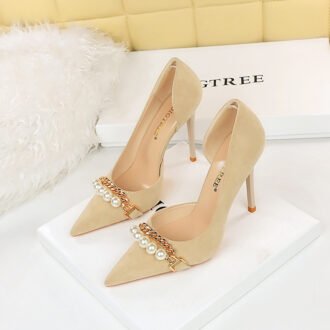 Shallow-toe Pointed-toe Pearl-embellished Metallic Chain Side-cutout Pumps, Women's Stiletto Heels