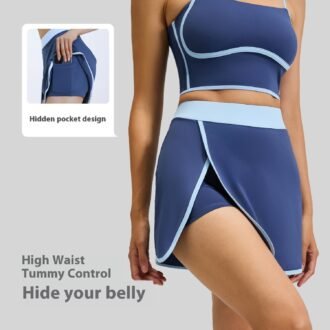 Linear Anti-exposure Built-in Pocket Fitness Yoga Fake Two-piece Skirts for Women