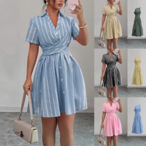 Strap-waisted Striped Shirt-style Short Dress